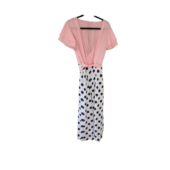 unbranded Pants - Pink, white, and black jumpsuit. Polka dots on bottom. Pink blouse, shor…